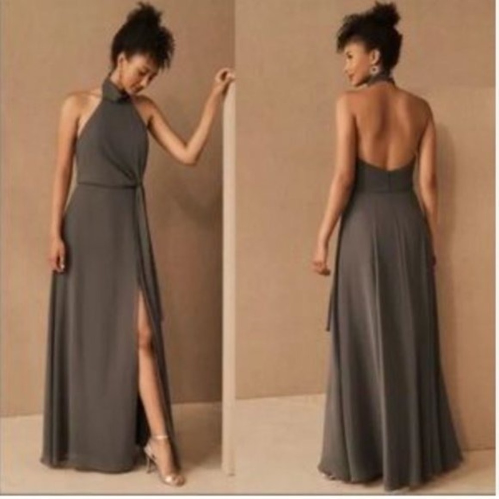 Jenny Yoo Elliya Gray Halter Open Back Side Tie Formal Gown Glam NWT 18